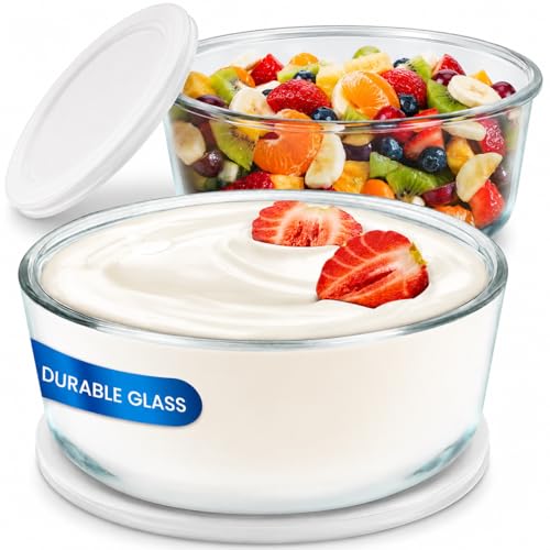 Yogurt Containers 2 Pack, 1 Quart Glass Food Storage Containers with Airtight Lids (4 Cup), 100% BPA Free, Oven, Microwave, Freezer & Dishwasher Safe Round Bowls for Yogurt Making & Meal Prep