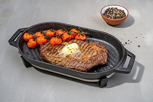 Cast Iron Grizzler Pan - Grill Frying Pan, 12" x 6" Griddle Plate with Removable Handle and Stainless Steel Trivet, Pre-Seasoned Non-Stick Oven Safe Cookware, Pizza Oven and BBQ Accessories - view 3