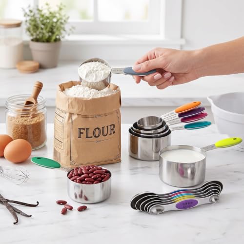 Measuring cups and magnetic measuring spoons set, stainless steel measuring cups, 6 double-sided stainless steel measuring spoons & 1 leveler (12) - view 6