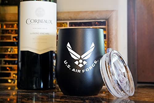 Air Force Steel Stemless Wine Glass Tumbler, 12 oz Double Wall Vacuum Insulated Whiskey Tumbler with USAF logo & Lid | USAF 12oz Wine Tumbler - view 3