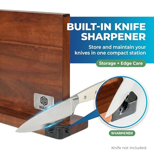 Magnetic Knife Block with Built-in Sharpener, Double-Sided Countertop Magnetic Knife Holder, Holds Up to 12 Knives & Metal Kitchen Tools, Brown - view 5