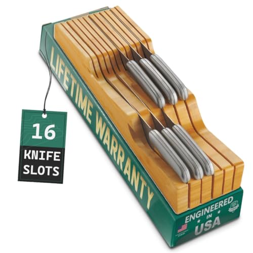 100% Pure Bamboo Knife Drawer Organizer, Knife Block - 16 Slots