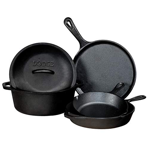 Seasoned Cast Iron 5 Piece Bundle. 10.5" Griddle, 8" Skillet, 10.25" Skillet, 10.25" Dutch Oven, and 10.25" Lid & ASAHH41 Silicone Assist Handle Holder, Red - view 2