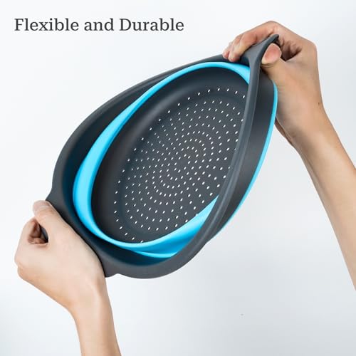 Collapsible Colander 3-Pack Set Space-Saving Foldable Kitchen Strainer with Non-Slip Base Durable Thickened PP+TPE Collapsible Strainers for Pasta, Vegetables, Fruits (Gray-Blue) - view 5