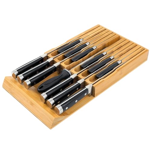 Bamboo Knife Drawer Organizer, Knife Drawer Organizer Insert, Kitchen Drawer Knife Block for 12 Knives and a PLUS Slot for your Knife Sharpener (Without Knives)