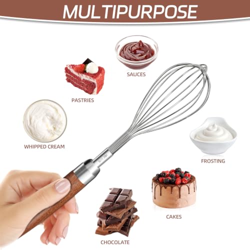 Stainless Steel Wire Cooking Whisk, Multi Function Kitchen Hand Whisk Non Stick Balloon Whisk Egg Beater for Blending Whisking Beating Frothing Stirring Batters,Wooden Handle (11""L x 2.1""W) - view 6