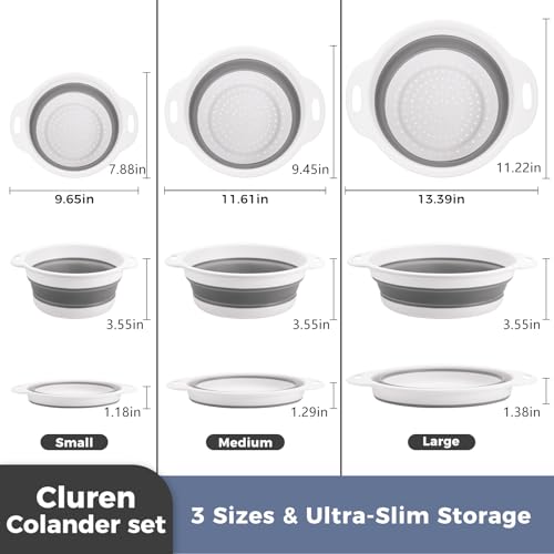 Collapsible Colander Set with Oversized Draining Tray | 3-Pack Foldable Kitchen Strainers + Base | Space Saving for Pasta, Veggies, Fruit & Rice | 5 Colors (Gray-White) - view 3