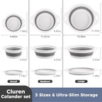 Collapsible Colander Set with Oversized Draining Tray | 3-Pack Foldable Kitchen Strainers + Base | Space Saving for Pasta, Veggies, Fruit & Rice | 5 Colors (Gray-White) - view 3