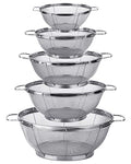 5 Pack 18/8 Stainless Steel Colander Sieves, Multi Size Mesh Strainer Net Baskets with Handles & Resting Base for Strain, Drain, Rinse or Steam