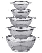 5 Pack 18/8 Stainless Steel Colander Sieves, Multi Size Mesh Strainer Net Baskets with Handles & Resting Base for Strain, Drain, Rinse or Steam