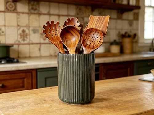 Large Stoneware Kitchen Utensil Holder for Kitchen Counter & Countertop Cooking Utensil Holder Spatula Holder Utensil Crock for Kitchen Counter Vertical Ribbed Fluted Stripe (Retro Bronze) - view 2