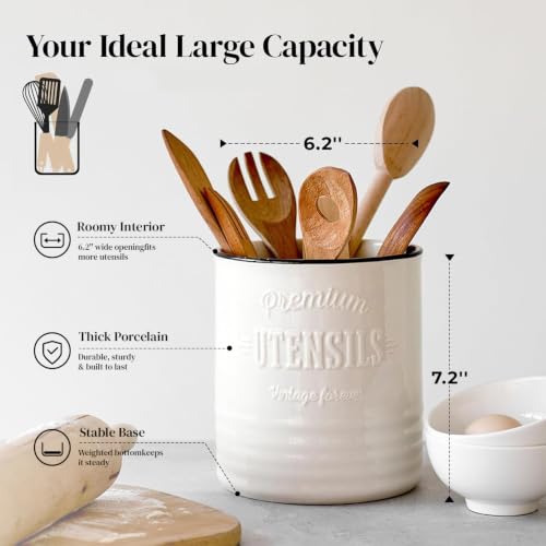 7.2" Large Ceramic Utensil Holder for Kitchen Counter, Beige - view 2