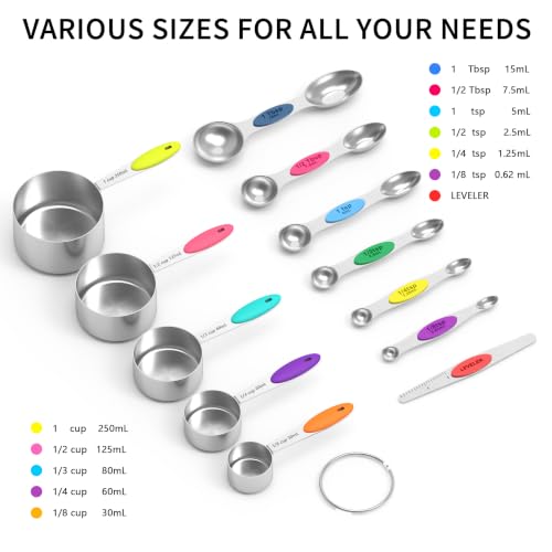 Measuring cups and magnetic measuring spoons set, stainless steel measuring cups, 6 double-sided stainless steel measuring spoons & 1 leveler (12) - view 2
