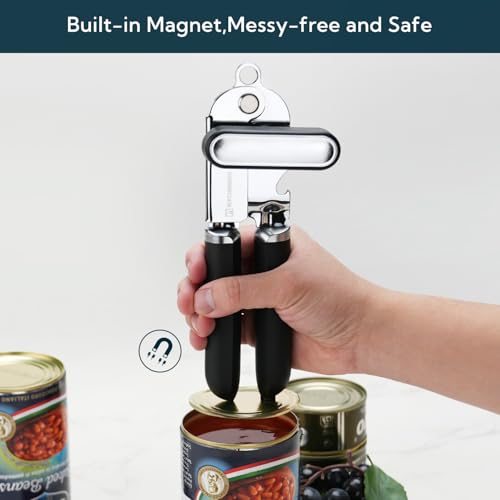 Manual Can Opener, Super Sharp Sandvik 12C27 Blade, Handheld Can Opener with Magnet, Smooth Edge Cut, Soft Grip, Oversized Knob for Seniors & Arthritis, Easy to Use, Black - view 3