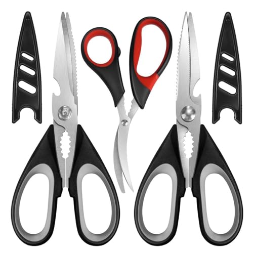 All Purpose Kitchen Shears with Protective Sheath, Heavy Duty 3 Pack Kitchen Scissors with Serrated Blade, Stainless Steel Cooking Scissors for Poultry, Food, Vegetables