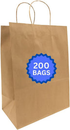 ASSUREPAK DIY Paper Bags - 200 units - Kraft Color - 12"x9"x16" - 74 LB (110 GSM strong) Twisted Handle - Kraft/Natural - Recyclable Food & Supermarket Bags for Decorating & Branding