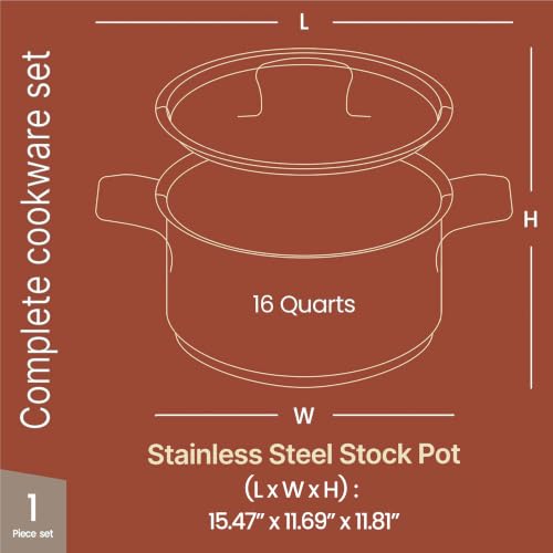 Stainless Steel Stockpot with Lid 16 Quart, Durable 18/8 Stainless Steel, Impact-Bonded Base for Even Heating, Riveted Handles, Oven & All Stove Compatible, Safe Up To 500°F (260°C) - view 3