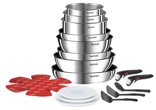 Tefal Ingenio L897SK04 20-Piece Cookware Set, Frying Pans with 2 Removable Handles, Induction, Non-Stick Coating, Stackable, Dishwasher Safe, Emotion L897SK04, Silver
