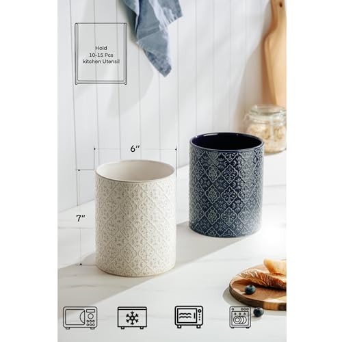 Kitchen Utensil Holder, 6x7 inch Large Ceramic Utensil Holder with Embossed Pattern, Cooking Utensil Crocks for Kitchen Countertop, Home Decor, Blue - view 4