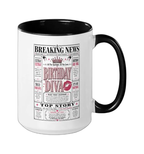 Funny Happy Birthday Diva Newspaper Front Page Headliner Ceramic Mug, Black/White, 15oz - view 2