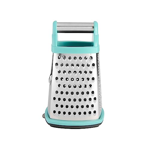 Gourmet 4-Sided Stainless Steel Box Grater for Fine, Medium and Coarse Grate, and Slicing, Detachable 3 Cup Storage Container and Measurment Markings, Dishwasher Safe, 10 inches tall, Aqua
