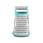 Gourmet 4-Sided Stainless Steel Box Grater for Fine, Medium and Coarse Grate, and Slicing, Detachable 3 Cup Storage Container and Measurment Markings, Dishwasher Safe, 10 inches tall, Aqua