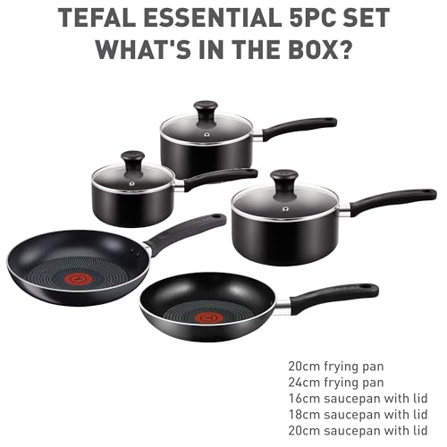 Tefal Essential 5-Piece Non-Stick Cookware Set: 3 Saucepans (16/18/20CM) with Lids, 2 Frying Pans (20/24CM), Compatible with All Hobs Except Induction Black - B472S545 - view 2