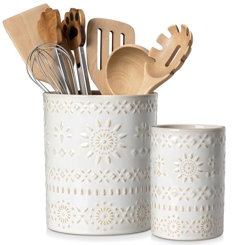 Ceramic Utensil Holder Set of 2, 7.2'' & 5.4'' Kitchen Crocks