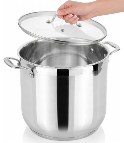 15-Quart Stainless Steel Stock Pot with Tempered Glass Lid - Induction Compatible Large Stockpot, Ideal for Stews & Soups, Dishwasher Safe - NCSP16