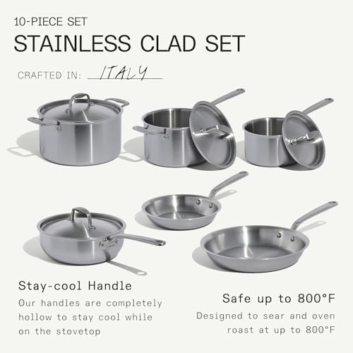 Cookware - 10 Piece Stainless Steel Pot and Pan Set - 5 Ply Clad - Includes Stainless Steel Frying Pans, Saucepans, Saucier and Stock Pot W/Lid - Professional Cookware - Crafted in Italy - view 6