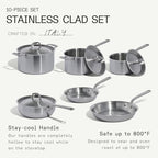 Cookware - 10 Piece Stainless Steel Pot and Pan Set - 5 Ply Clad - Includes Stainless Steel Frying Pans, Saucepans, Saucier and Stock Pot W/Lid - Professional Cookware - Crafted in Italy - view 6