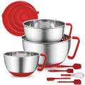 Stainless Steel Mixing Bowls: Metal Mixing Bowl Set with Lids and Handles Non-slip Silicone Bottom Nesting Bowls for Kitchen Set of 3 - Red