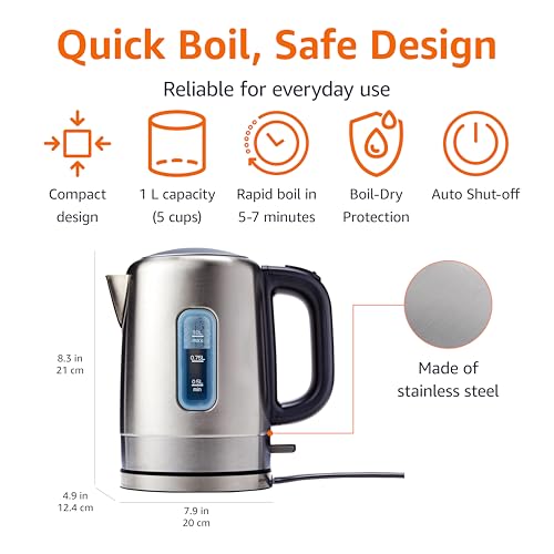 Electric Stainless Steel Kettle for Tea and Coffee, BPA-Free, Fast Boiling, Auto Shut-Off, 1 Liter, 1500W, Black and Silver - view 2