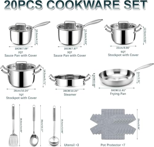 Stainless Steel Cookware Set - 20 PCS Pots and Pans Set with 3-Ply Stainless Steel Frying Pan, Professional Kitchen Cooking Set, Induction Compatible, Oven & Dishwasher Safe - view 2