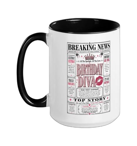 Funny Happy Birthday Diva Newspaper Front Page Headliner Ceramic Mug, Black/White, 15oz