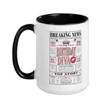 Funny Happy Birthday Diva Newspaper Front Page Headliner Ceramic Mug, Black/White, 15oz