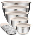 Mixing Bowls with Airtight Lids Set, 5PCS Stainless Steel Nesting Bowls with Grater Attachments & Non-Slip Bottoms, Size 5, 3, 2, 1.5, 0.63 QT, Great for Mixing & Serving, Khaki