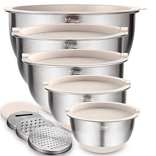 Mixing Bowls with Airtight Lids Set, 5PCS Stainless Steel Nesting Bowls with Grater Attachments & Non-Slip Bottoms, Size 5, 3, 2, 1.5, 0.63 QT, Great for Mixing & Serving, Khaki