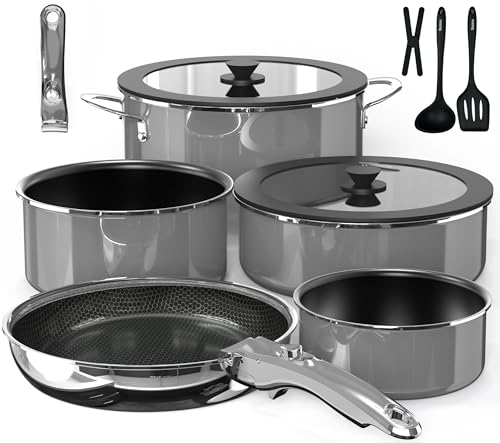 Pro Ceramic Pots and Pans Set & 2026 Upgraded Hybrid 3-Ply Stainless Steel Frypan, 2X Non Stick, High Heat Sear, PFAS PTFE PFOA Free Non Toxic Induction Cookware,Removable Handle,Oven Safe,12PC