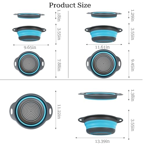 Collapsible Colander 3-Pack Set Space-Saving Foldable Kitchen Strainer with Non-Slip Base Durable Thickened PP+TPE Collapsible Strainers for Pasta, Vegetables, Fruits (Gray-Blue) - view 2