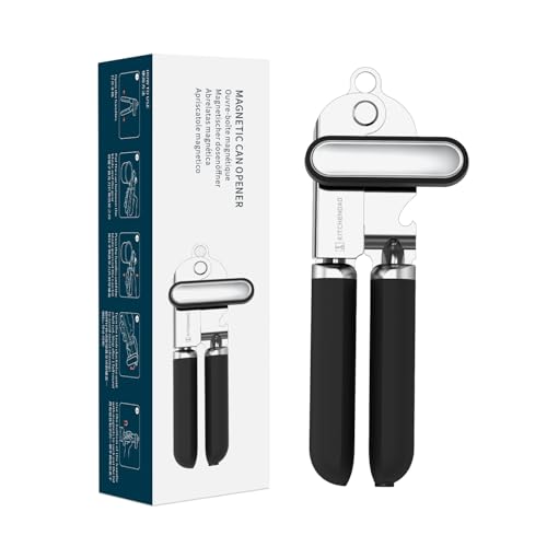 Manual Can Opener, Super Sharp Sandvik 12C27 Blade, Handheld Can Opener with Magnet, Smooth Edge Cut, Soft Grip, Oversized Knob for Seniors & Arthritis, Easy to Use, Black