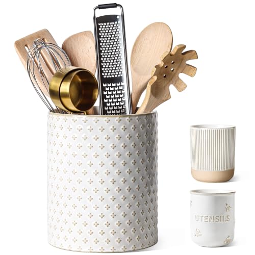 Ceramic Utensils Holder for Kitchen Countertop, Arctic White