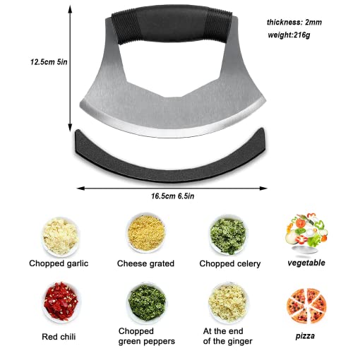 Mezzaluna Knife Salad Chopper, Stainless Steel Blade with Protective Cover - Ergonomic Anti-Slip Handle Vegetable Chopper Mincing Knife for Pizza, Cheese, Onion, Carrot, Pepper, Garlic, Vegetable - view 2