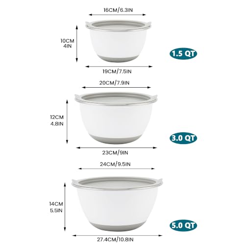 18/8 Stainless Steel Mixing Bowls Set with Lids,1.5,3 & 5 Qt,White - view 4