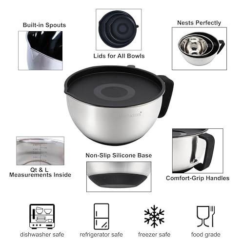 Stainless Steel Mixing Bowls Set with Lids,1.5,3 & 5 Qt,Black - view 2