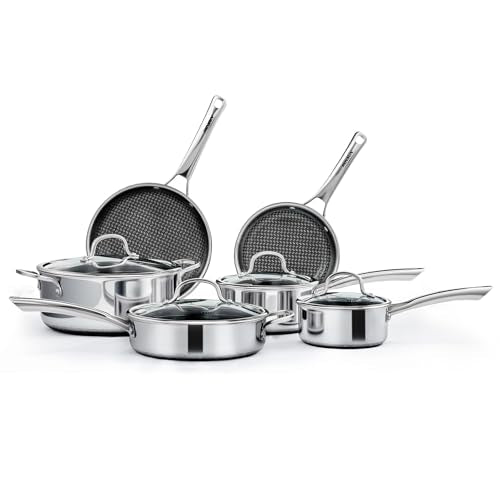 10 Pcs Non-Stick Cookware Set, Stainless Steel Pots and Pans Set with Lids, Non-Toxic Kitchen Set Chef's Pan, PFOA & PTFE Free, Compatible for All Cooktops