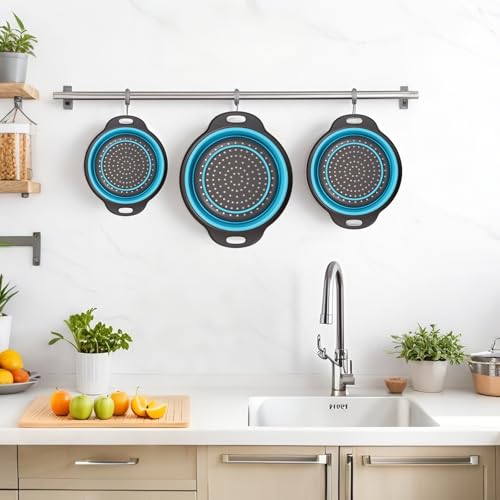Collapsible Colander 3-Pack Set Space-Saving Foldable Kitchen Strainer with Non-Slip Base Durable Thickened PP+TPE Collapsible Strainers for Pasta, Vegetables, Fruits (Gray-Blue) - view 7