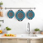 Collapsible Colander 3-Pack Set Space-Saving Foldable Kitchen Strainer with Non-Slip Base Durable Thickened PP+TPE Collapsible Strainers for Pasta, Vegetables, Fruits (Gray-Blue) - view 7