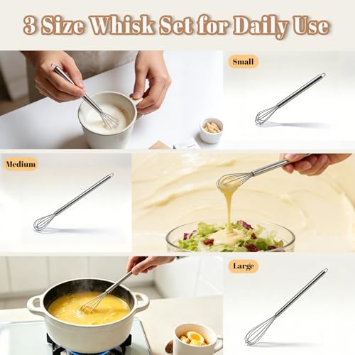 Whisks for Cooking, 3 Pack Mini Whisk for Whisking, 7"+9"+11" Tiny Stainless Steel Wire Whisk Set for Baking, Blending Eggs & Sauces, Heavy Duty Rust Proof - view 4