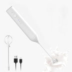 Rechargeable Milk Frother by ELMWAY, 3 Speed Electric Milk Frother Handled with Wand and Egg Whisk Attachments, for Coffee, Matcha and Protein Powder (White without Stand)